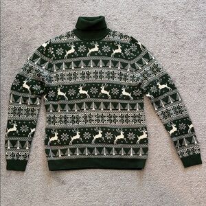 ASOS men’s knitted Christmas jumper with fair aisle, stag, and green and cream